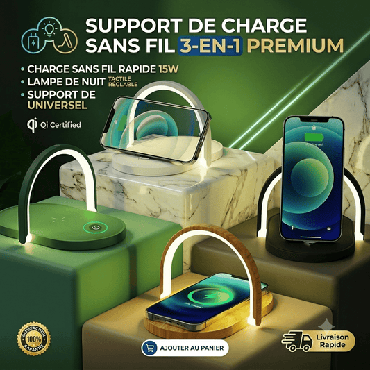 Chargeur Sans Fil 3-en-1 avec Lampe de Nuit & Support Téléphone — 15W Charge Rapide - ShopElectro