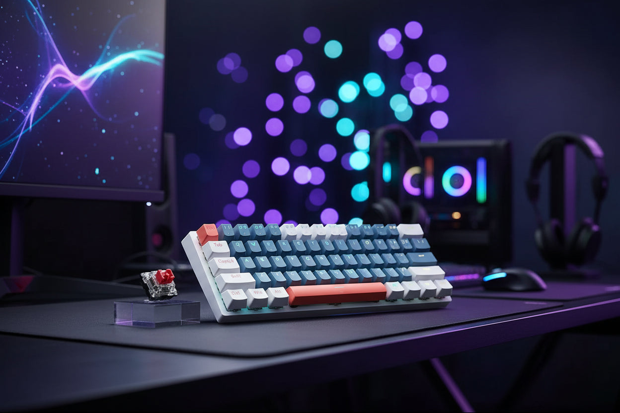 clavier mécanique gaming RGB compact - clavier avec un arrière plan de setup gaming- ShopElectro