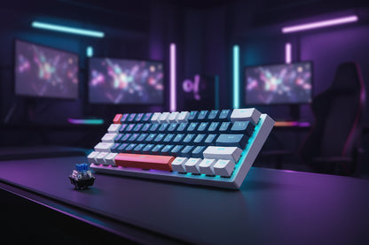 clavier mécanique gaming RGB compact - clavier gaming avec un arrière plan de setup gaming sous un autre angle- ShopElectro
