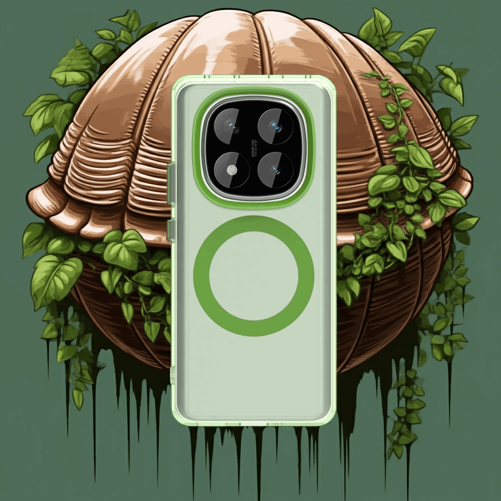 Coque Redmi Note 14 Pro 5G – Coque vert avec arrière plan de coquille entouré de liane.