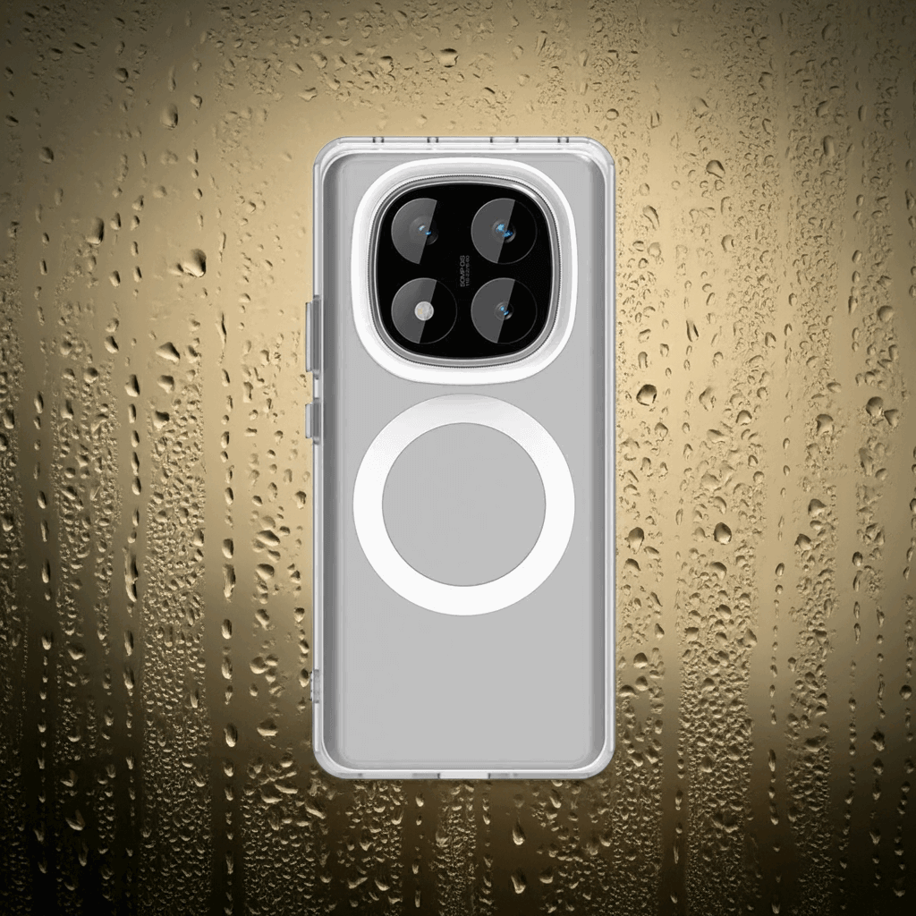 Coque Redmi Note 14 Pro 5G – Coque transparente avec arrière plan de vitre humide.