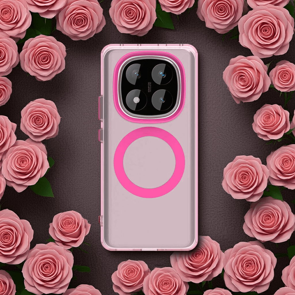 Coque Redmi Note 14 Pro 5G – Coque rose avec arrière plan de fleur de rose.
