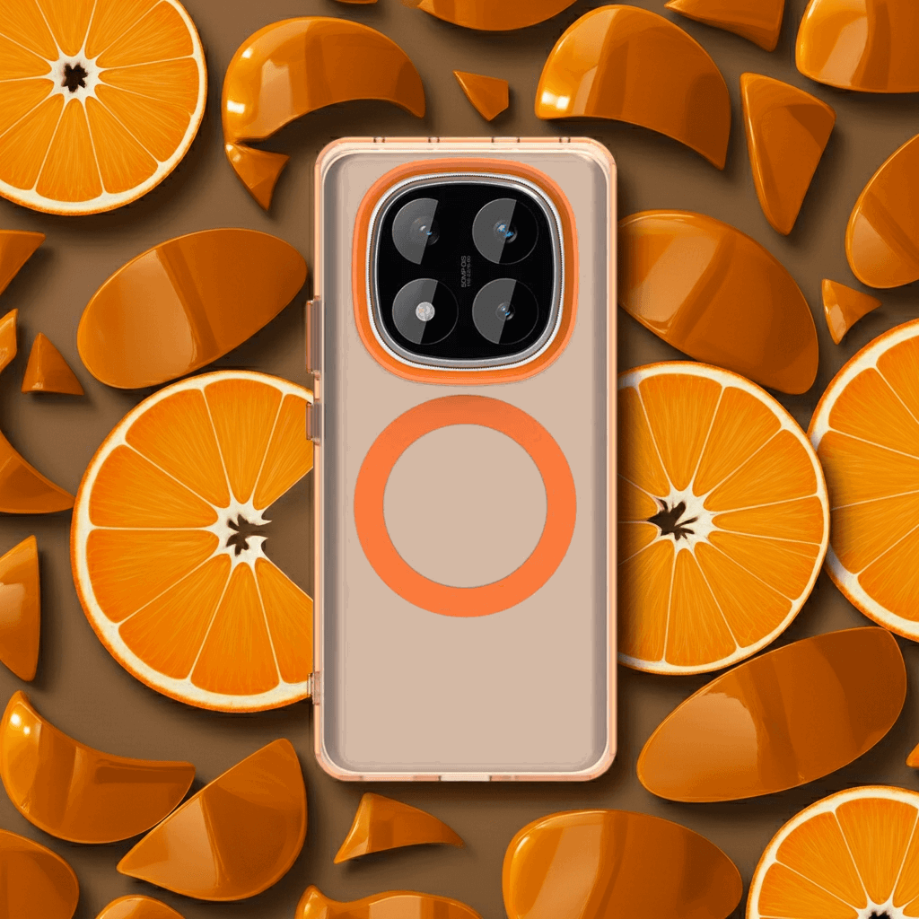 Coque Redmi Note 14 Pro 5G – Couleur orange avec arrière plan de morceau d'orange.