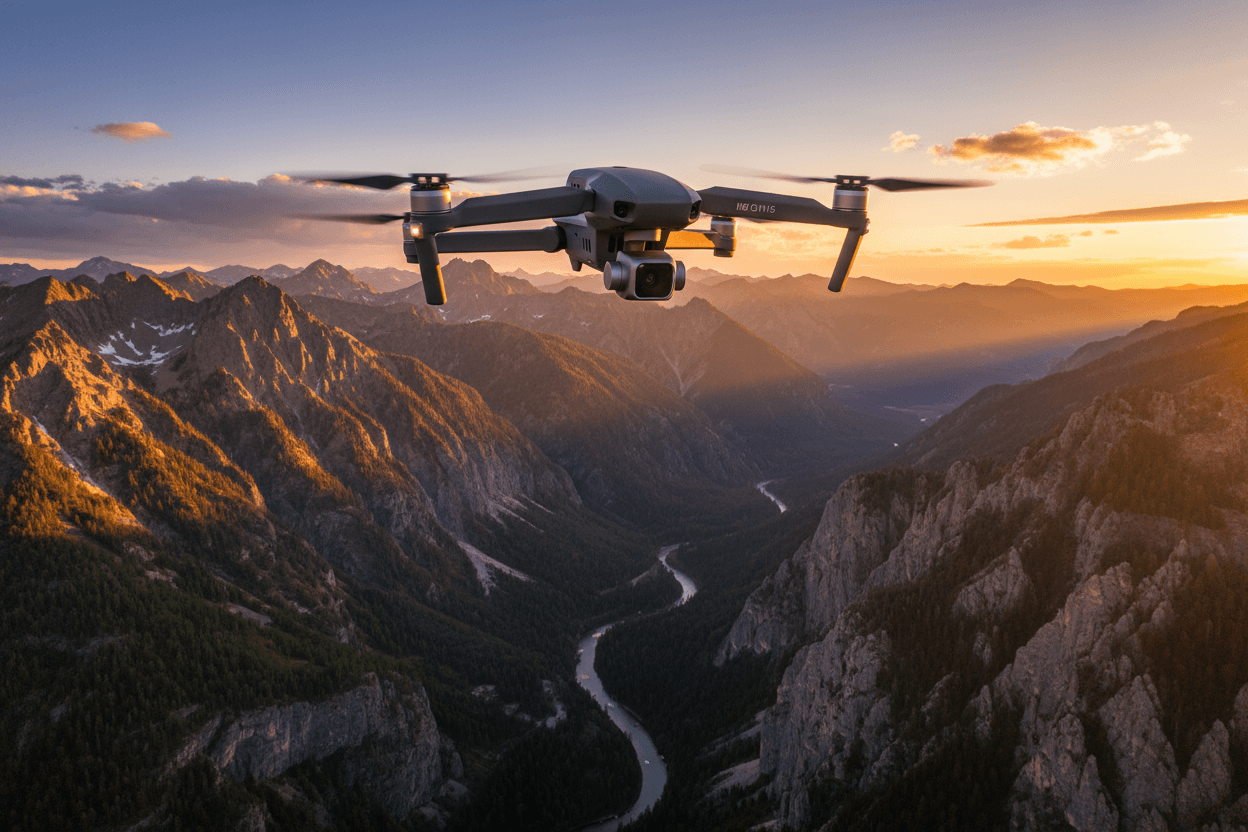 Drone pliable caméra 4K 6K et 8K - Montrant le drone en vole avec le paysage