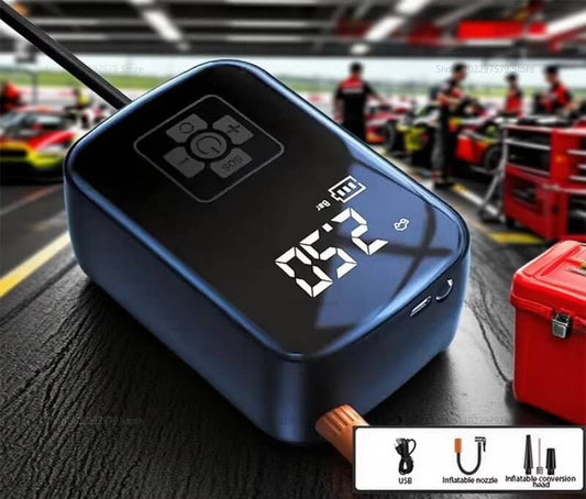 Gonfleur de pneu rechargeable - Avec un arrière plan de stand de course