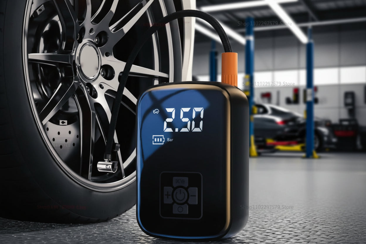 Gonfleur de pneu rechargeable - Montrant la pompe brancher sur la roue