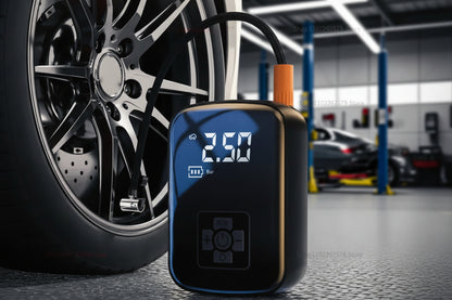 Gonfleur de pneu rechargeable - Montrant la pompe brancher sur la roue