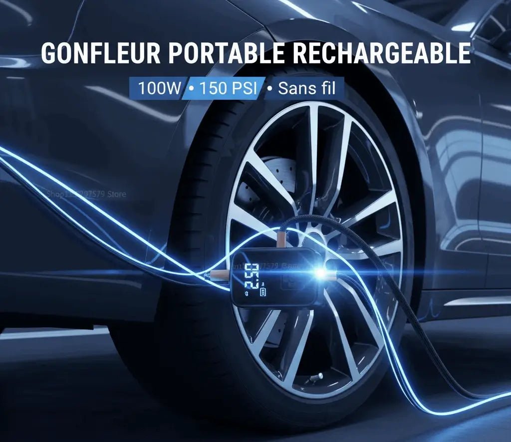 Gonfleur de Pneu Rechargeable Sans Fil 100W – Arrêt Auto, 150 PSI - ShopElectro