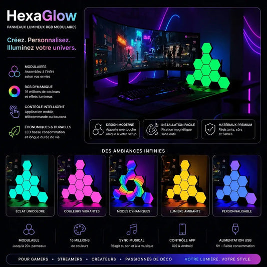 HexaGlow™ | Panneaux LED Hexagonaux RGB Intelligents - ShopElectro