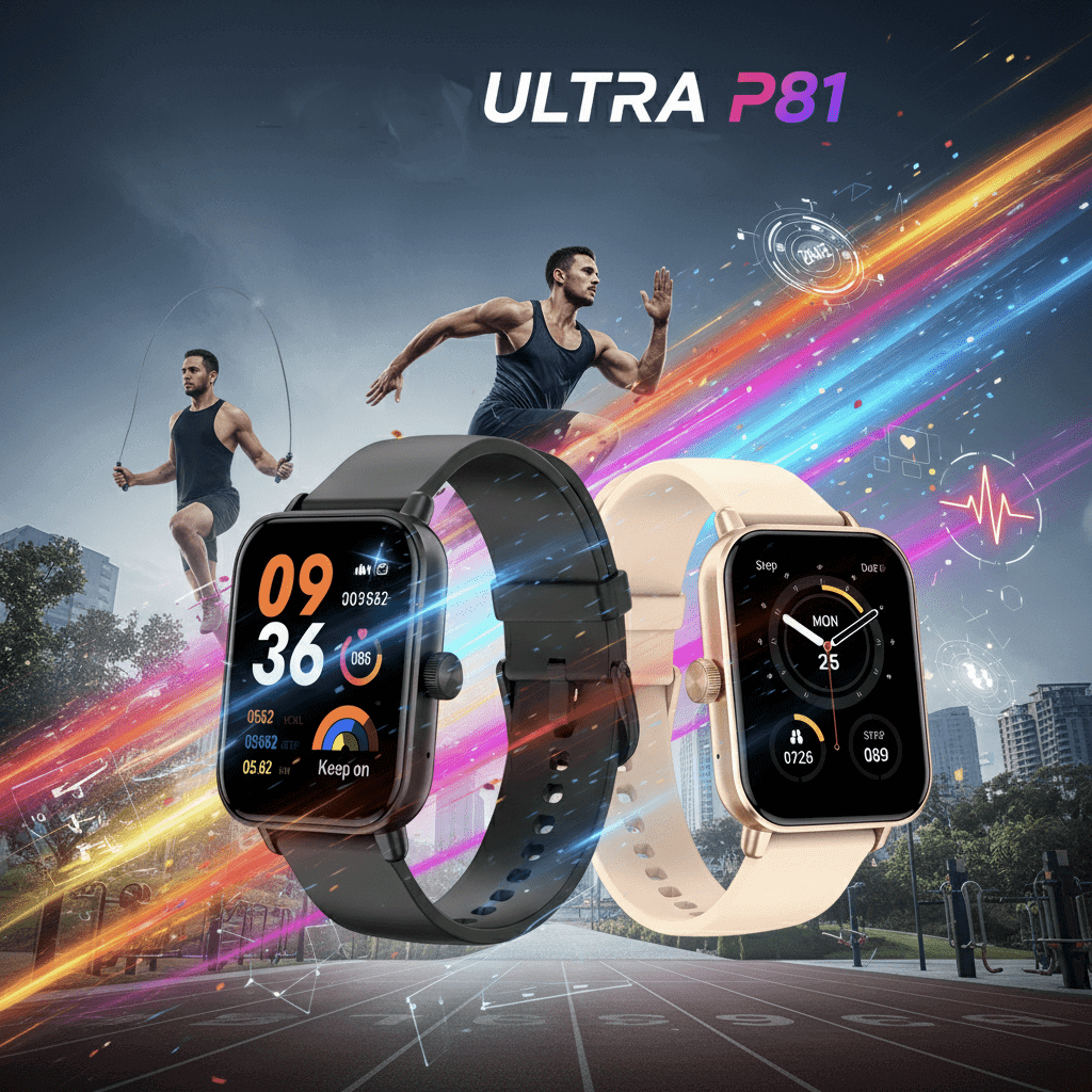 Montre connectée sport gps cardio Ultra P81 affichant des fonctionnalités de suivi sportif et de santé.