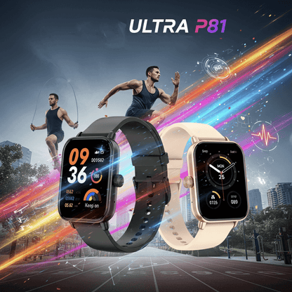Montre connectée sport gps cardio Ultra P81 affichant des fonctionnalités de suivi sportif et de santé.