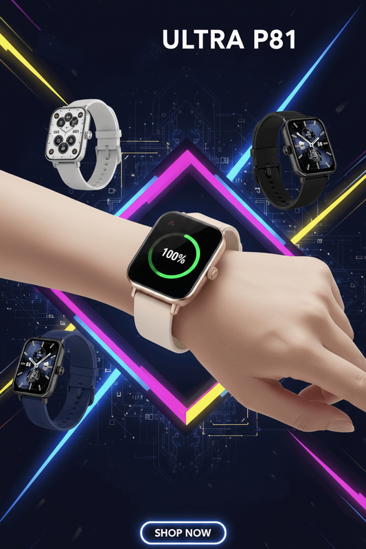 Montre connectée sport gps cardio Ultra P81 sur le poignet, affichant la capacité de batterie à 200%.