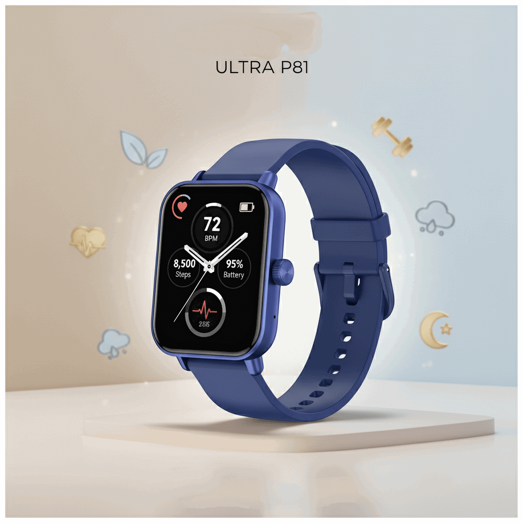 Montre connectée sport gps cardio Ultra P81 affichant les informations de fréquence cardiaque et de pas.