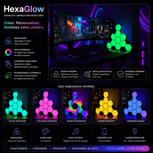 Panneaux LED Hexagonaux RGB – Sync Musique, Bluetooth & Télécommande - ShopElectro